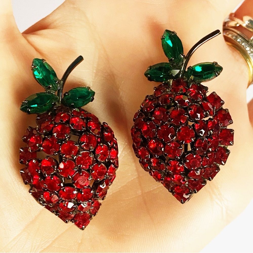 Vintage Signed Warner Strawberry Red & Green Rhinestone Brooches / Pins Set of 2